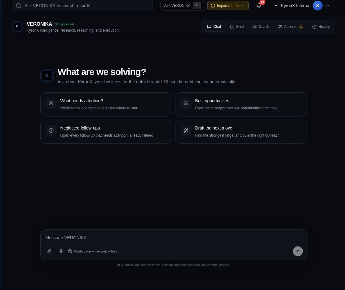 Actual VERONIKA chat screen inside the KyronX dashboard